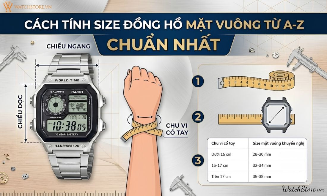 Cách tính size đồng hồ mặt vuông từ A-Z chuẩn theo phong cách