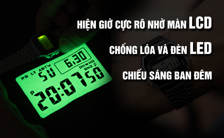 Casio A159WAD-1DF đèn LED ban đêm