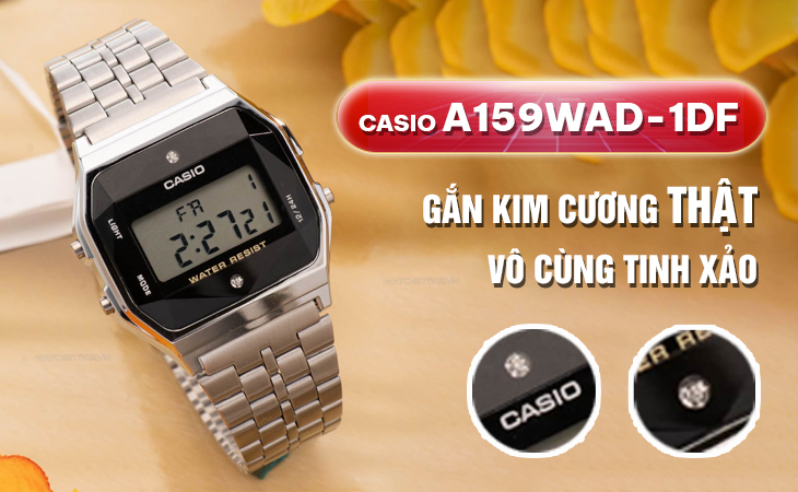 Casio A159WAD-1DF gắn kim cương thật