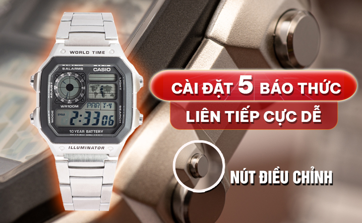 Casio AE-1200WHD-1AVDF đặt 5 báo thức