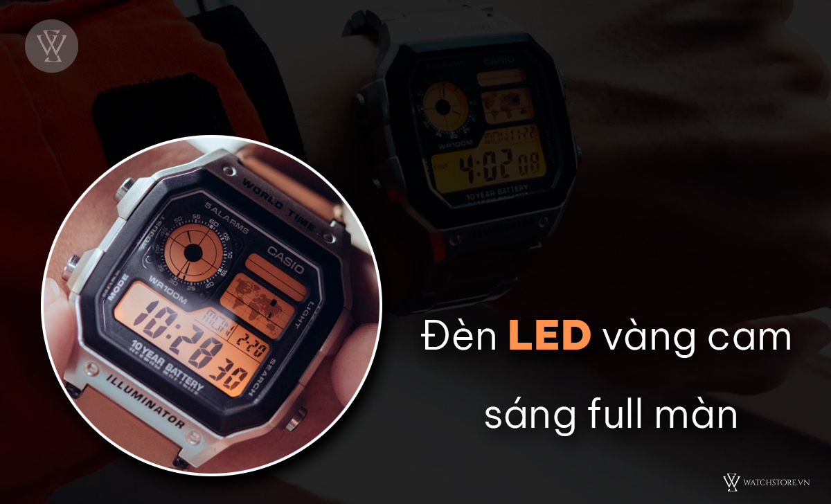 Casio AE-1200WHD-1AVDF đèn LED vàng cam