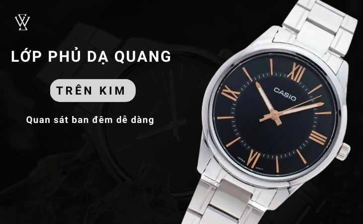 MTP-V005D-1B5UDF được phủ một lớp dạ quang lên hai kim giờ, kim phút