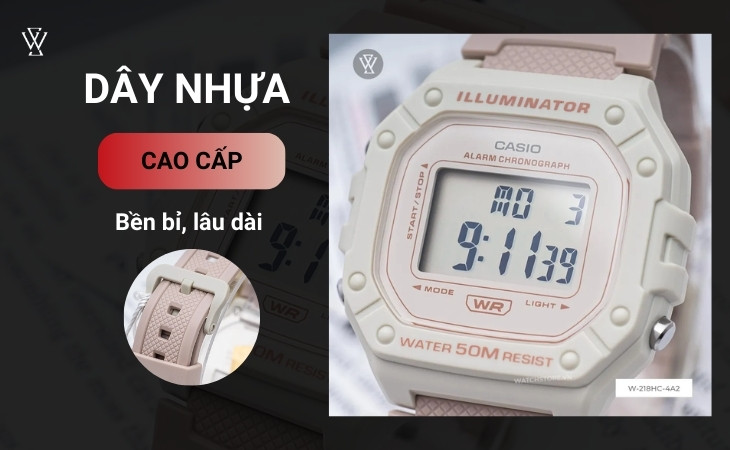 Đồng hồ W-218HC-4A2VDF sử dụng dây nhựa cao cấp bền bỉ ôm trọn vào tay