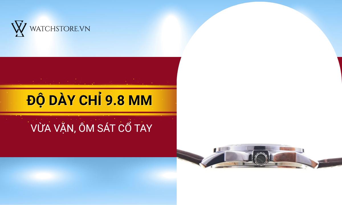 Độ dày chỉ 9.8 mm và kích thước mặt 41.5 mm
