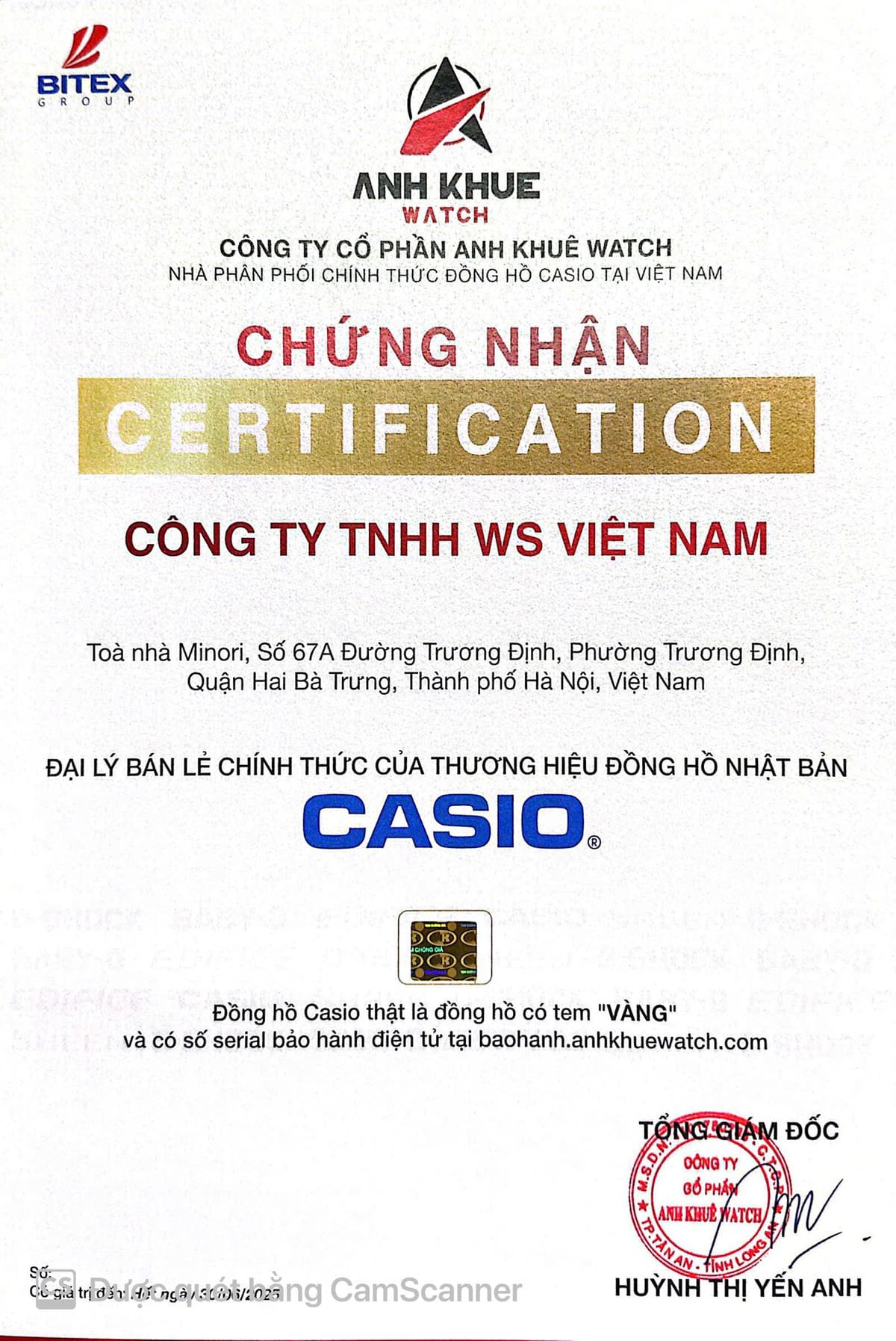 WatchStore - 97 Trần Đại Nghĩa, Hai Bà Trưng, Hà Nội 1 giay chung nhan dai ly casio watchstore viet nam
