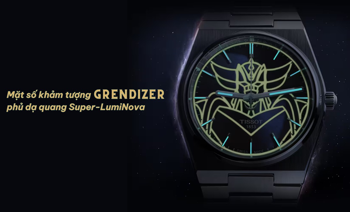 Tissot PRX UFO Robot Grendizer 2024: Tôn vinh anime và manga Nhật Bản 1 Mặt số khảm tượng Grendizer dạ quang