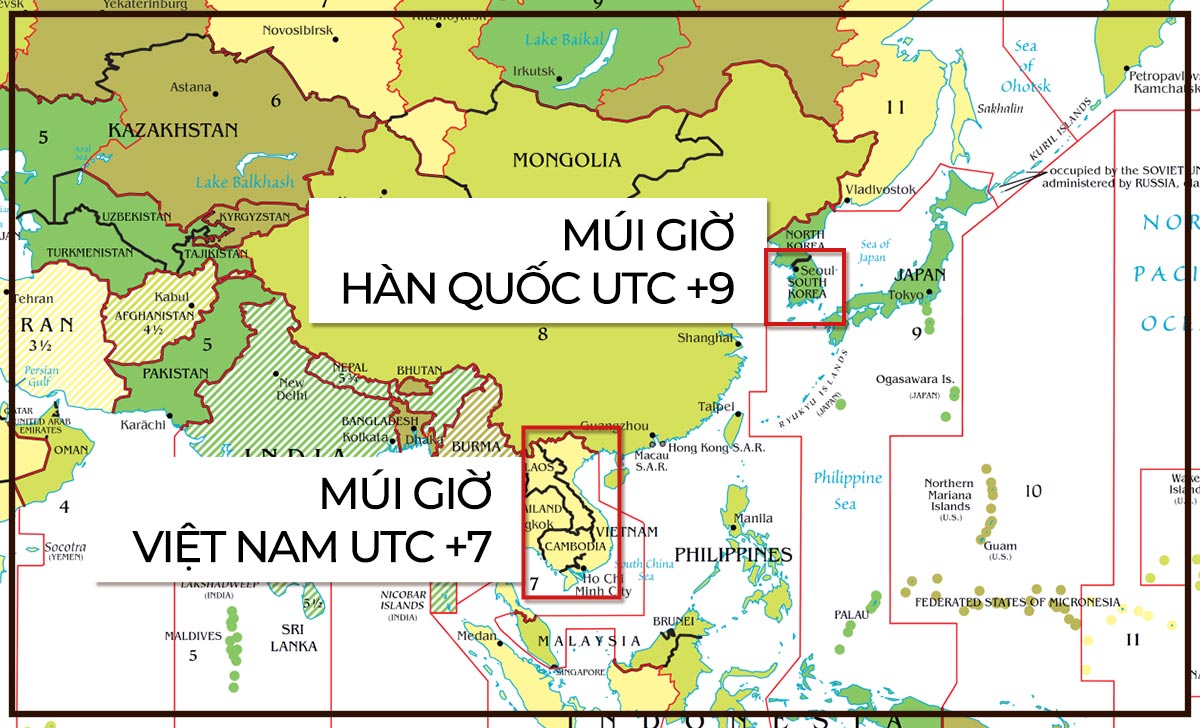 Múi giờ Hàn Quốc và Việt Nam chênh nhau bao nhiêu? Gợi ý đồng hồ múi giờ dễ dùng, giá tốt 2 mui gio han quoc va viet nam ban do
