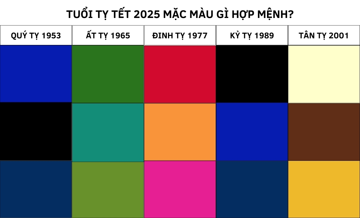 Tết 2025 mặc màu gì hợp tuổi thu hút tài lộc tình duyên 8 người tuổi Tỵ Tết 2025 mặc màu gì