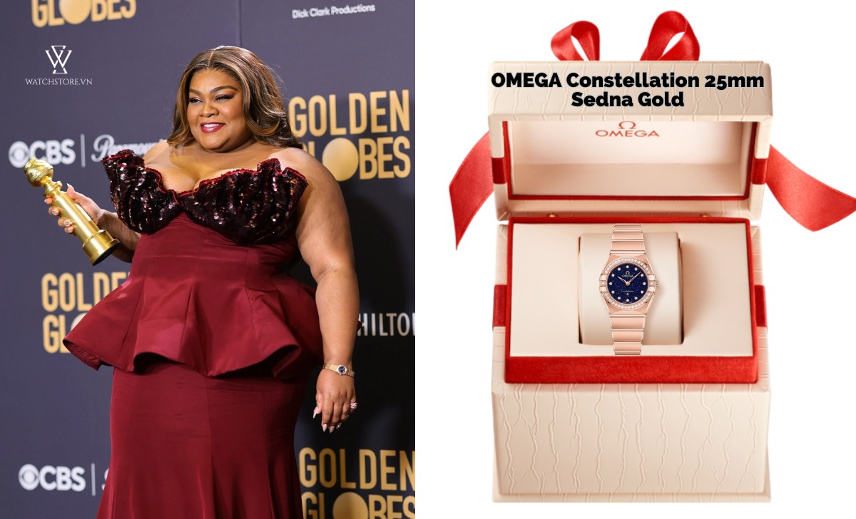 8 chiếc đồng hồ OMEGA tuyệt đẹp xuất hiện tại Quả cầu vàng 2024 8 OMEGA Constellation 25mm Sedna Gold Da'vine Joy Randolph