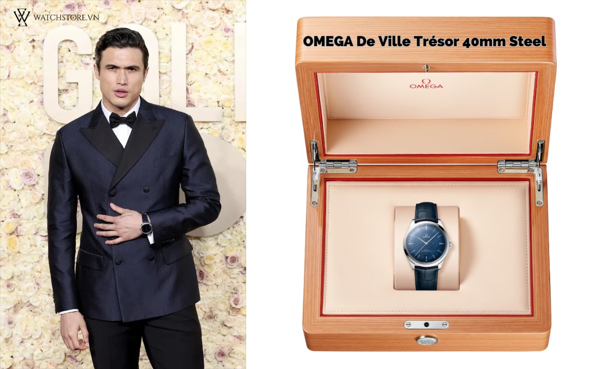 8 chiếc đồng hồ OMEGA tuyệt đẹp xuất hiện tại Quả cầu vàng 2024 6 OMEGA De Ville Trésor 40mm Steel Charles Melton
