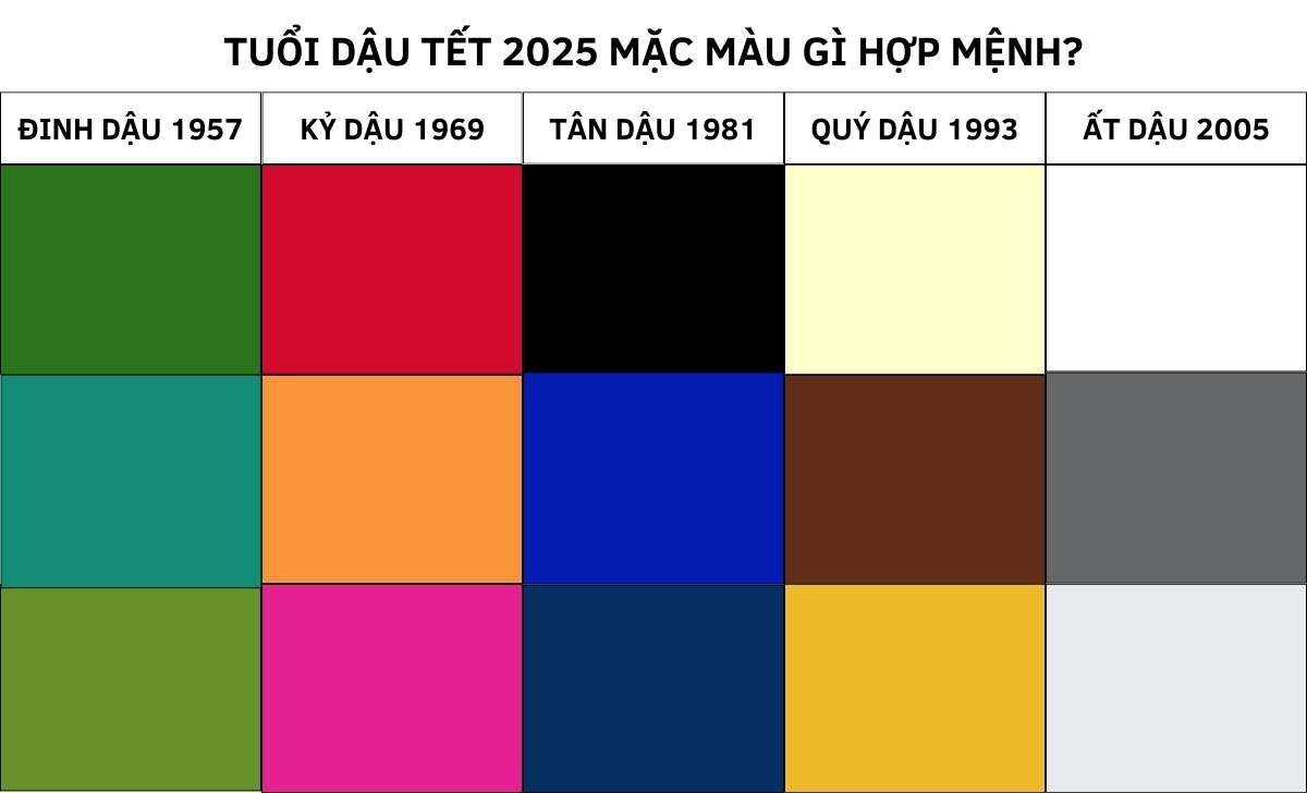Tết 2025 mặc màu gì hợp tuổi thu hút tài lộc tình duyên 12 tuổi Dậu Tết 2025 mặc màu gì