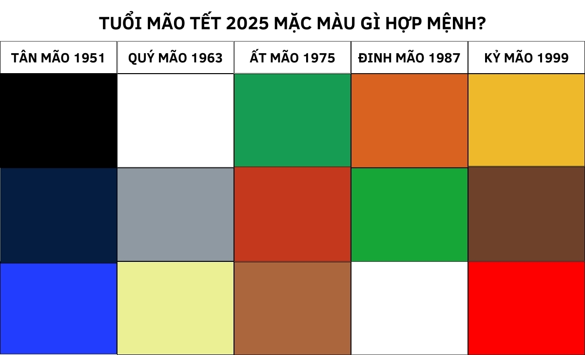 Tết 2025 mặc màu gì hợp tuổi thu hút tài lộc tình duyên 6 tuổi Mão Tết 2025 mặc màu gì