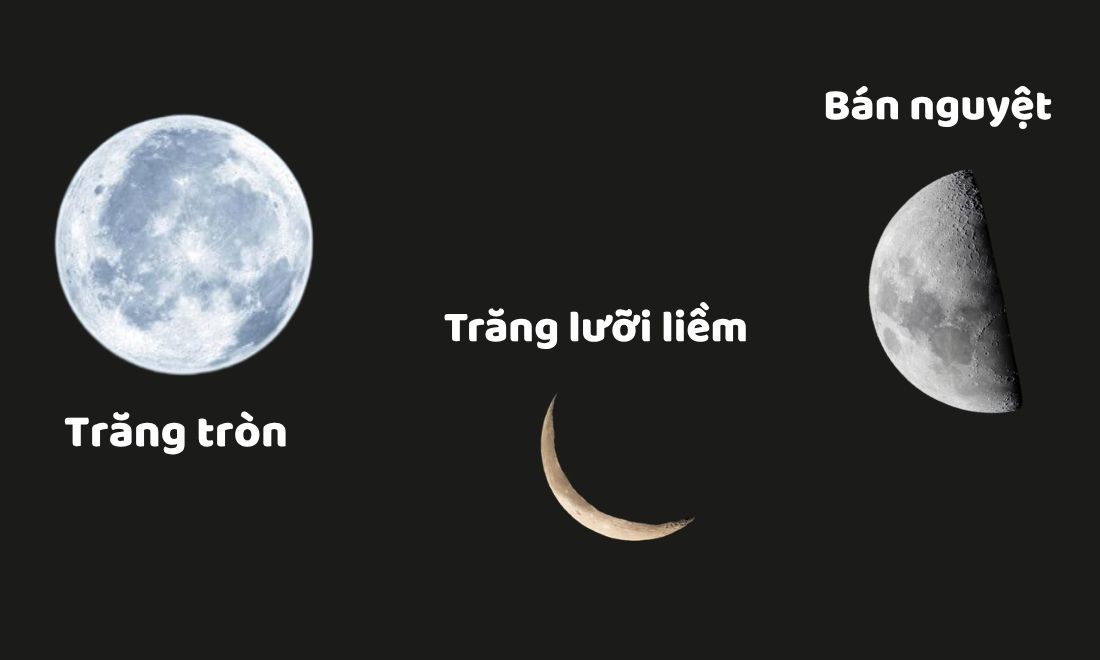 Mặt Trăng là gì? Khám phá về vệ tinh kỳ diệu của Trái Đất 6 Các hình dạng của mặt trăng là gì? Đó là: Tròn - Khuyết - Lưỡi liềm - Bán nguyệt và Không Trăng
