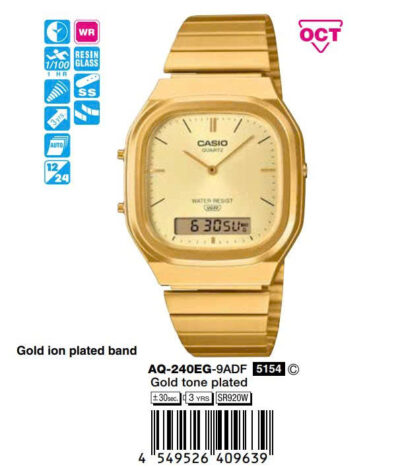 Đồng hồ Casio 40mm Unisex AQ-240EG-9ADF chính hãng Ảnh sản phẩm Casio 40mm Unisex AQ-240EG-9ADF