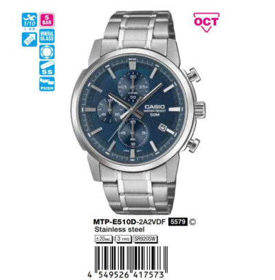 Casio 47.5mm Nam MTP-E510D-2A2VDF chính hãng Casio 47.5mm Nam MTP-E510D-2A2VDF