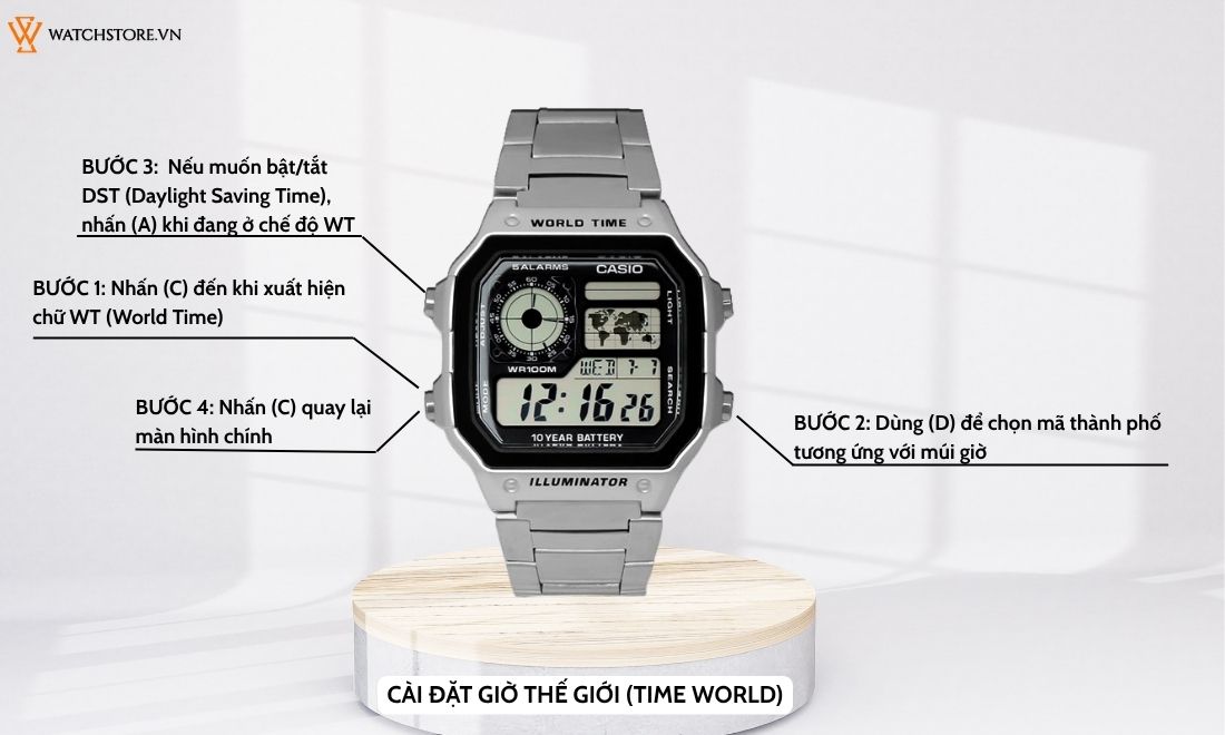 Hiểu trọn mọi tính năng Casio AE1200 từ A – Z trong 5 phút 4 cài đặt giờ thế giới