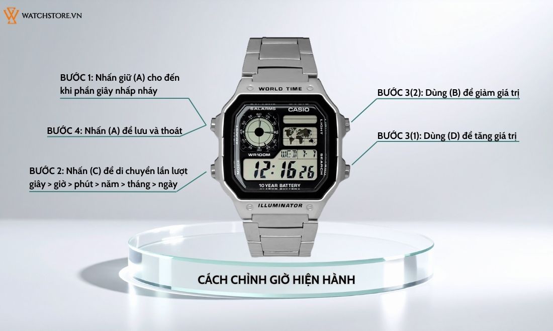 Hiểu trọn mọi tính năng Casio AE1200 từ A – Z trong 5 phút 3 Chỉnh giờ hiện hành