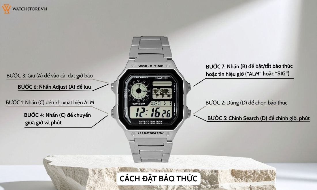 Hiểu trọn mọi tính năng Casio AE1200 từ A – Z trong 5 phút 5 chỉnh báo thức
